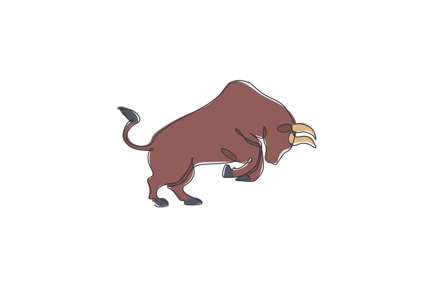 un disegno a tratteggio continuo di un toro spagnolo arrabbiato. conservazione del parco nazionale di animali selvatici. concetto di zoo safari. illustrazione grafica vettoriale di disegno dinamico a linea singola