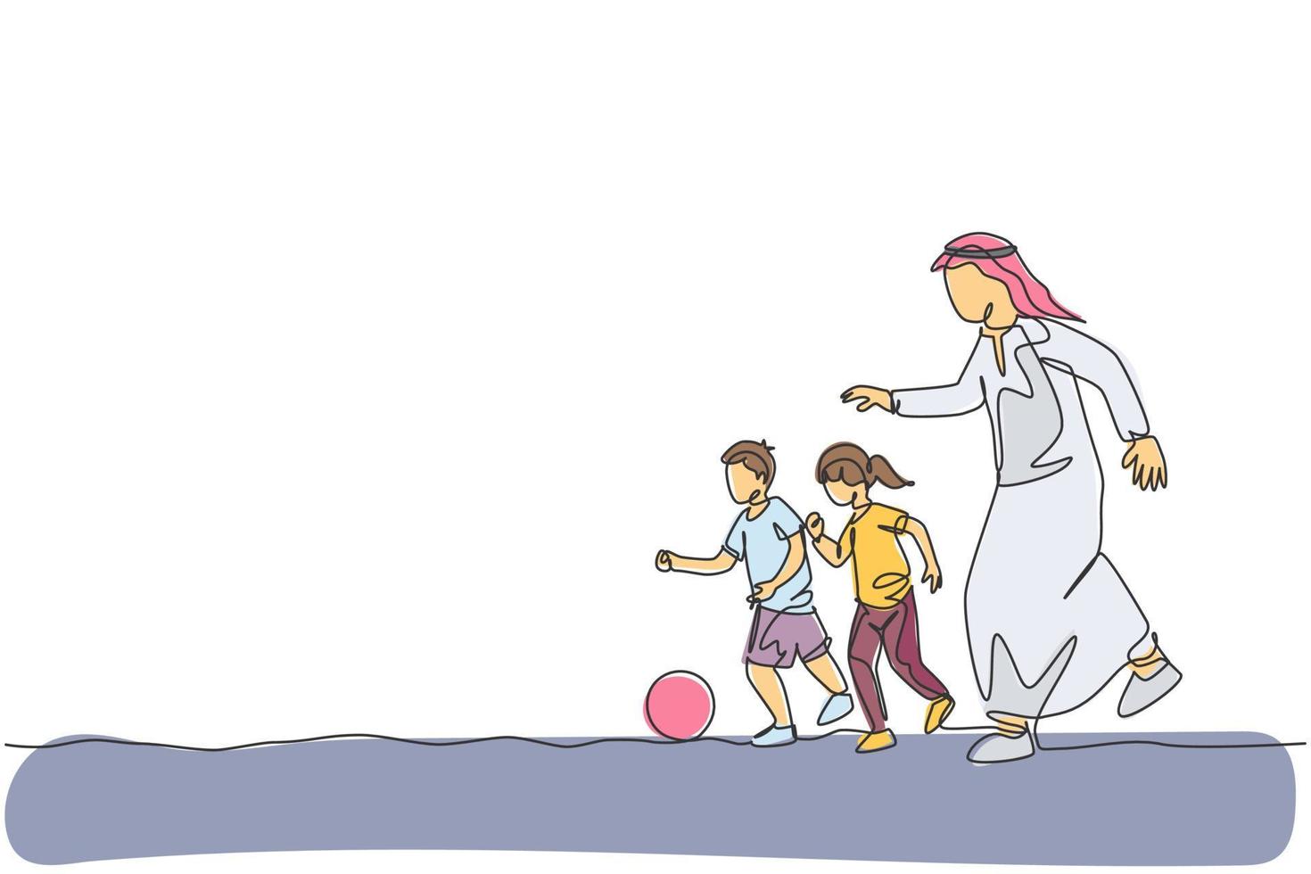 disegno a linea continua di un giovane papà arabo che corre e gioca a calcio con suo figlio e sua figlia. concetto di paternità della famiglia felice musulmano islamico. illustrazione vettoriale di disegno di una linea di disegno