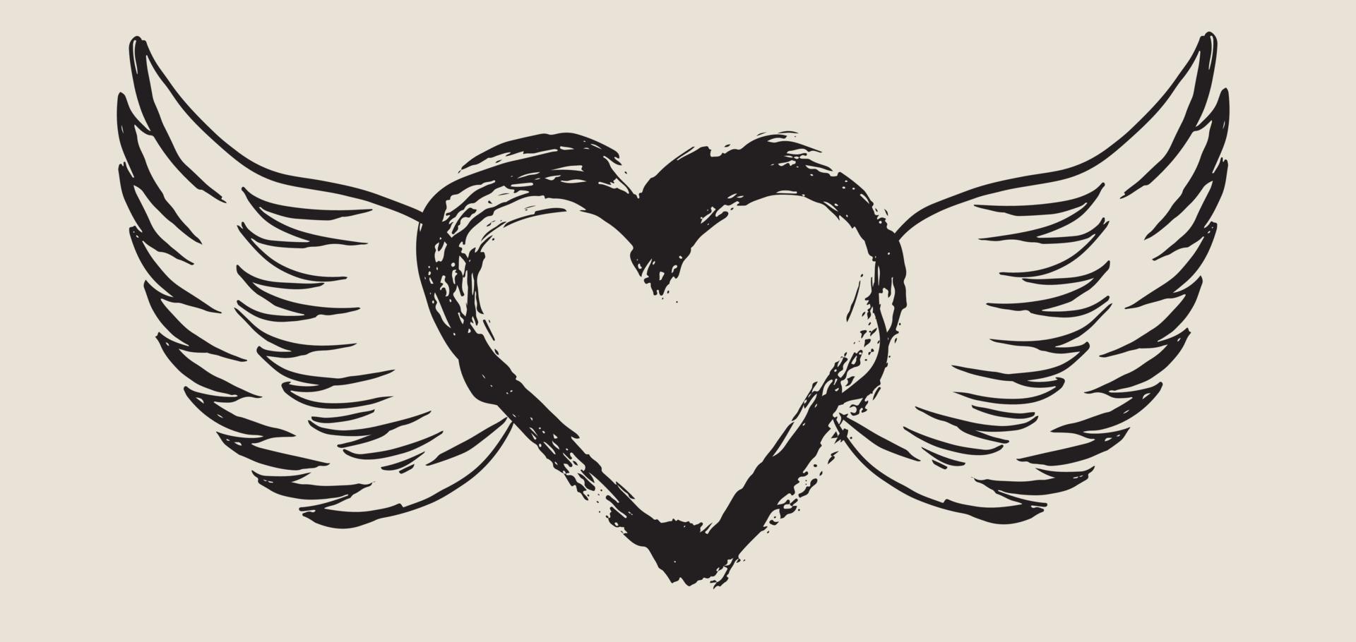 cuore con illustrazione vettoriale disegnato a mano di ali d'angelo