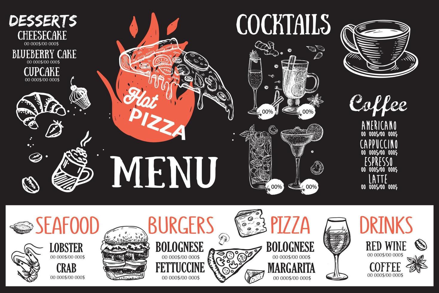 adobe illustratore pizza cibo menù, ristorante, bar, modello design. mano disegnato illustrazioni, cibo volantino. vettore