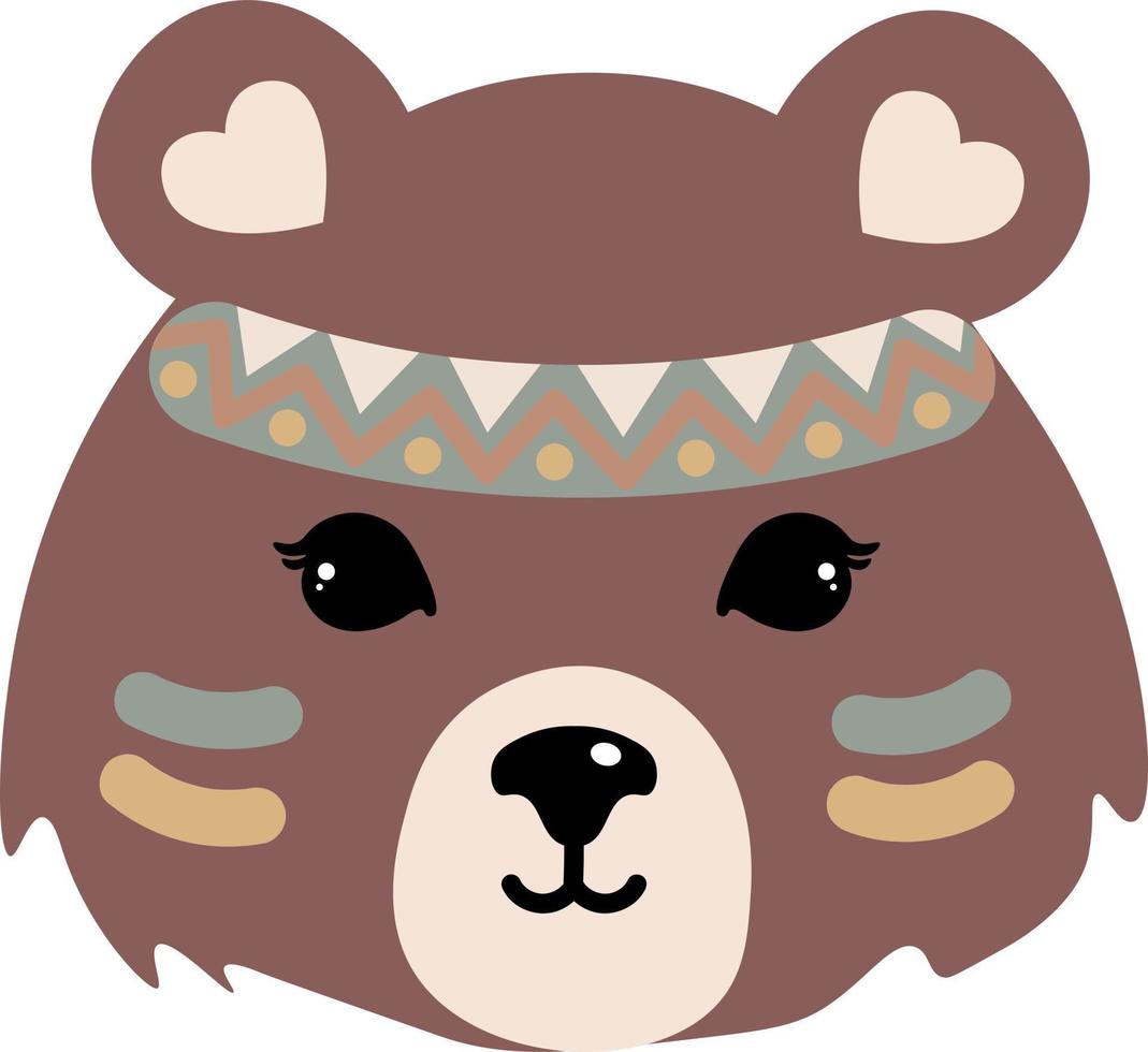 orsacchiotto orso viso con piuma fascia per capelli, manifesto per bambini camera, saluto carte, bambini e bambino Abiti. isolato vettore. vettore