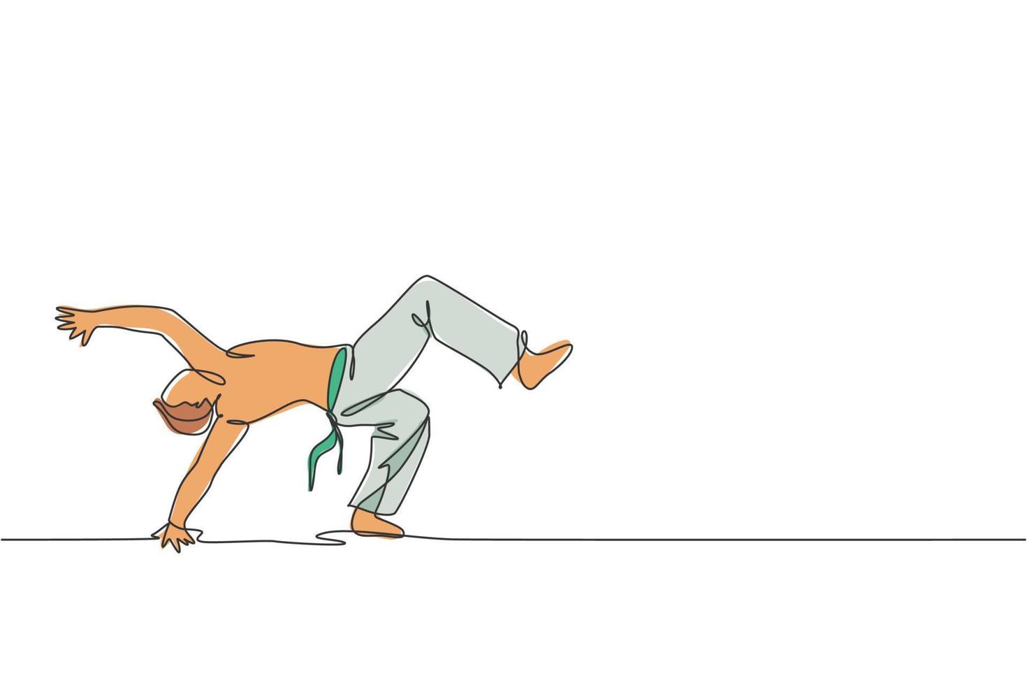 un disegno a linea continua giovane combattente brasiliano sportivo che allena la capoeira sulla spiaggia. sano concetto di sport da combattimento tradizionale. illustrazione grafica vettoriale dinamica con disegno a linea singola