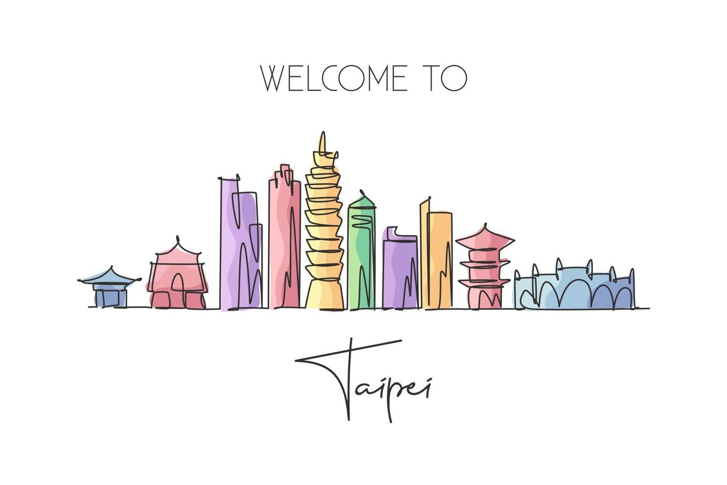 un disegno a linea continua dello skyline della città di taipei, taiwan. bellissimo punto di riferimento. turismo paesaggistico mondiale e vacanze di viaggio. illustrazione grafica vettoriale di disegno a linea singola con tratto elegante modificabile