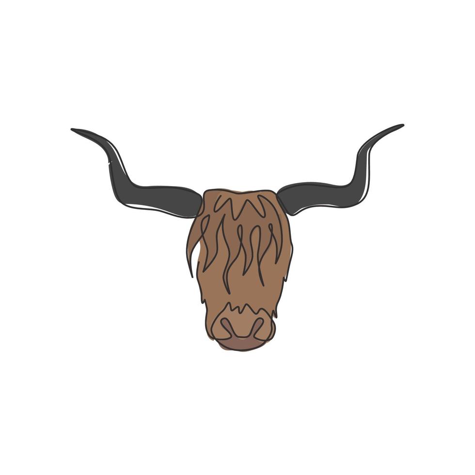 disegno a una linea di una testa di yak virile per l'identità del logo aziendale. concetto di mascotte mammifero fattoria mucca per icona zoo nazionale. illustrazione grafica vettoriale di disegno di disegno di linea continua moderna