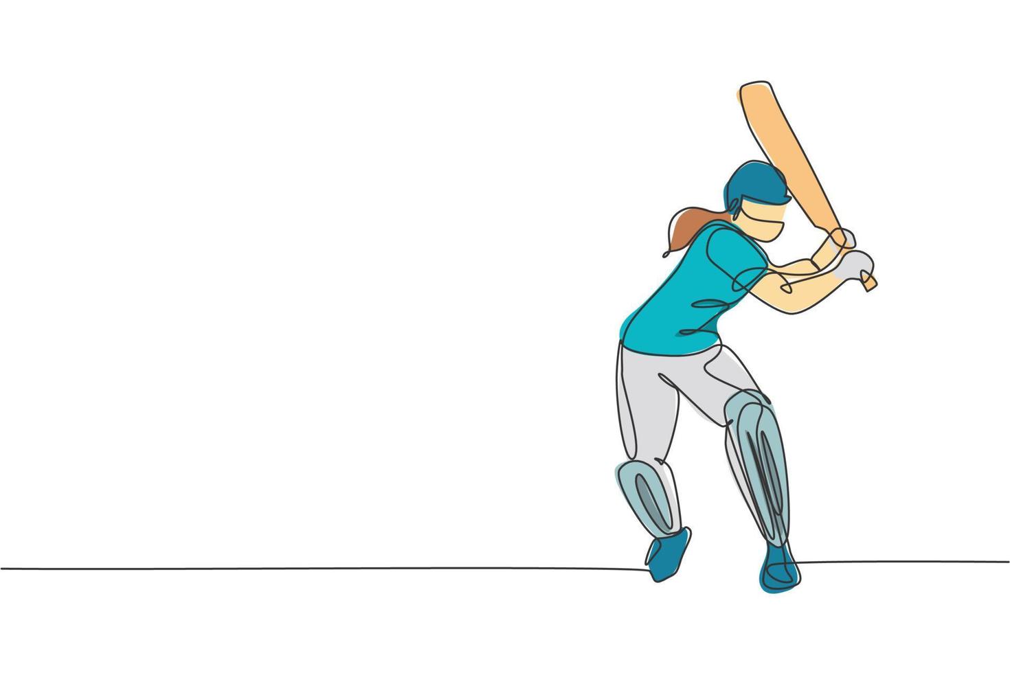 disegno a linea continua singola di una giovane donna agile giocatore di cricket in piedi per praticare la sua illustrazione vettoriale di abilità. concetto di esercizio sportivo. design alla moda di una linea per i media di promozione del cricket