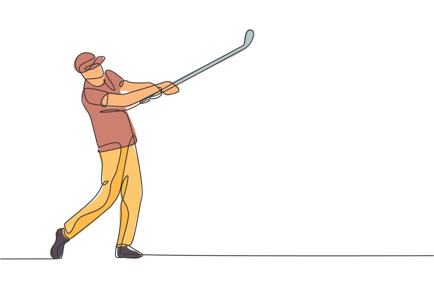 un disegno a linea singola di un giovane giocatore di golf sportivo ha colpito la palla utilizzando l'illustrazione grafica vettoriale della mazza da golf. concetto di sport sano. moderno disegno a linea continua per poster di tornei di golf