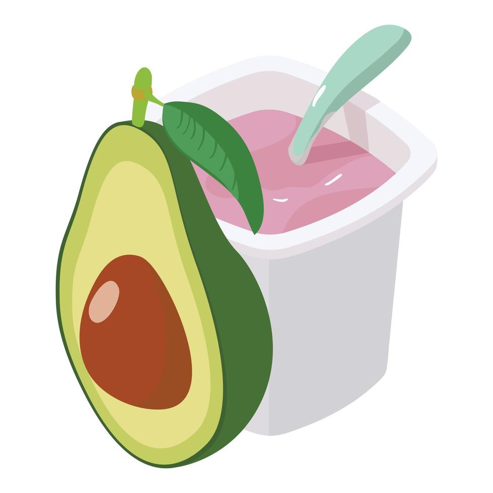 merenda icona isometrico vettore. imballare di frutta Yogurt e metà fresco verde avocado vettore