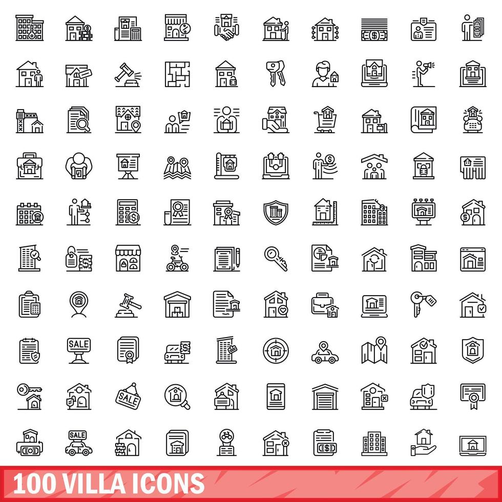 100 icone di villa impostate, stile contorno vettore