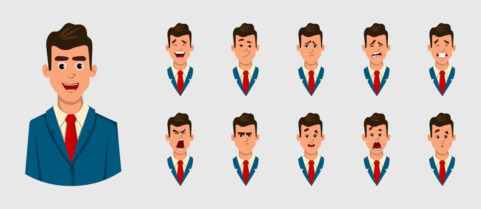 uomo d'affari diverse emozioni facciali per animazione, movimento o qualcos'altro. illustrazione di carattere vettoriale per la progettazione o l'animazione.