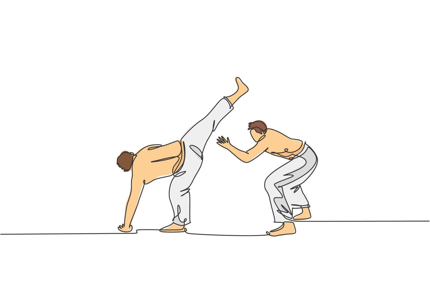 un disegno a linea continua di due giovani combattenti brasiliani sportivi che allenano la capoeira sulla spiaggia. sano concetto di sport da combattimento tradizionale. illustrazione vettoriale dinamica del disegno a linea singola