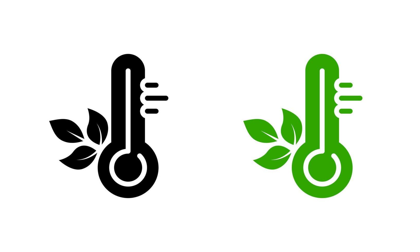 temperatura misurazione strumento eco cura pittogramma. termometro attrezzo nel centigrado o fahrenheit con foglia verde silhouette icona impostare. bio clima controllo grado cartello. isolato vettore illustrazione.