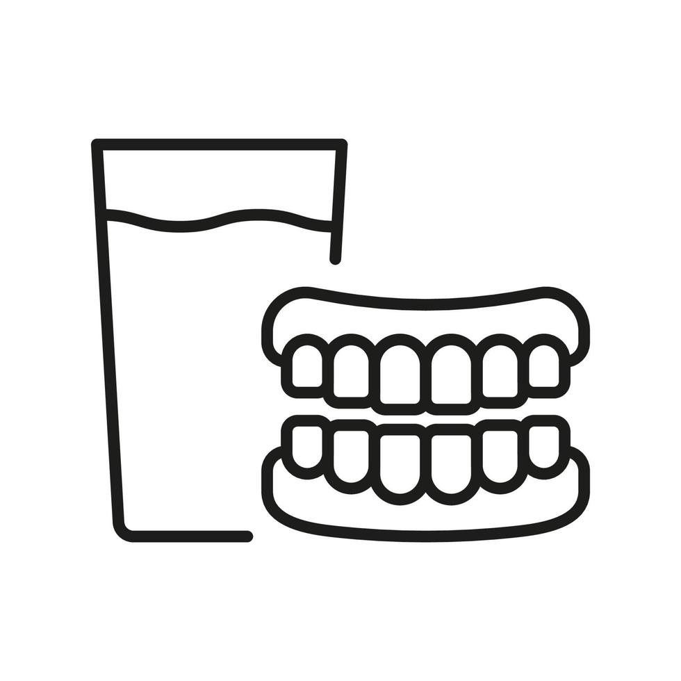 dentiera con bicchiere linea icona. falso dente lineare pittogramma. dentale artificiale dente. odontoiatria schema simbolo. dentale medico trattamento cartello. modificabile ictus. isolato vettore illustrazione.