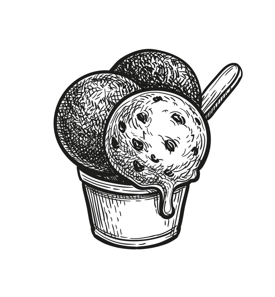tre scoop di cioccolato ghiaccio crema con biscotti. inchiostro schizzo isolato su bianca sfondo. mano disegnato vettore illustrazione. retrò stile.
