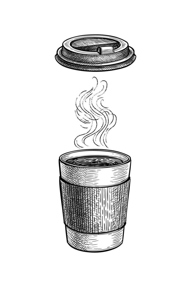 caldo bevanda con vapore. carta tazza e coperchio. caffè per andare. piccolo taglia. inchiostro schizzo modello isolato su bianca sfondo. mano disegnato vettore illustrazione. retrò stile.