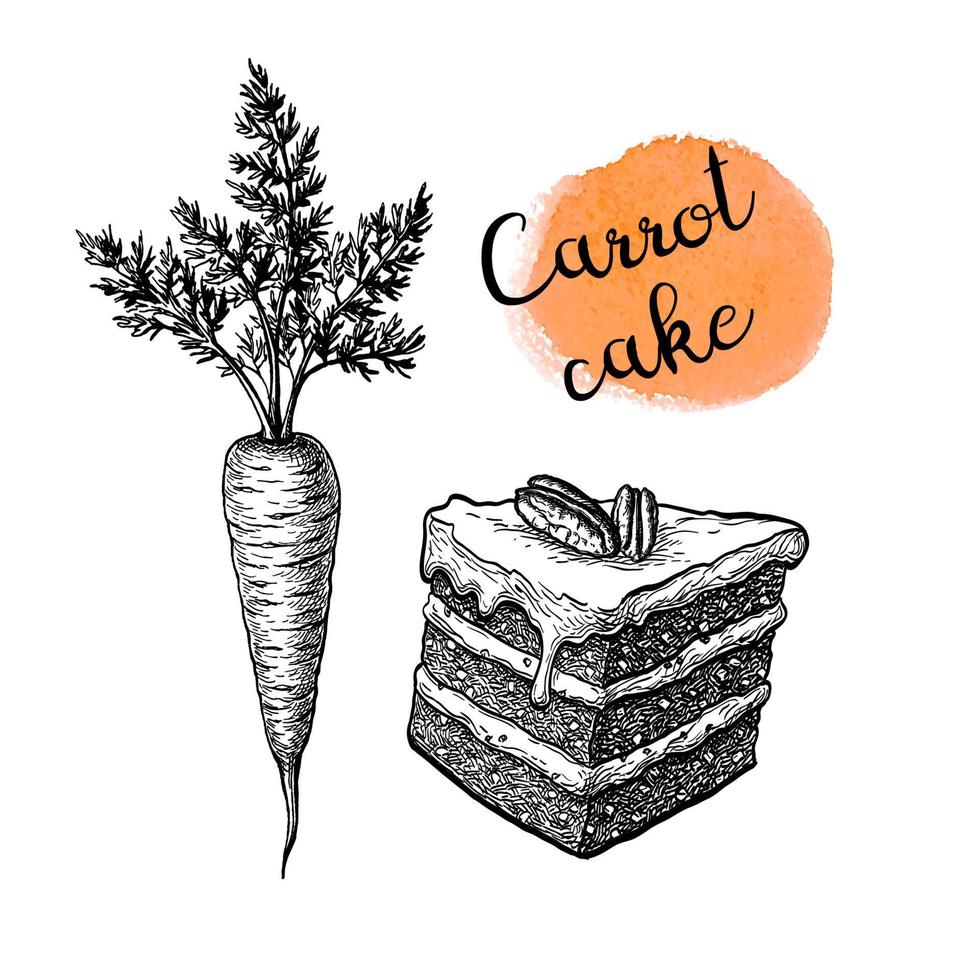 carota torta. inchiostro schizzo isolato su bianca sfondo. mano disegnato vettore illustrazione. retrò stile.