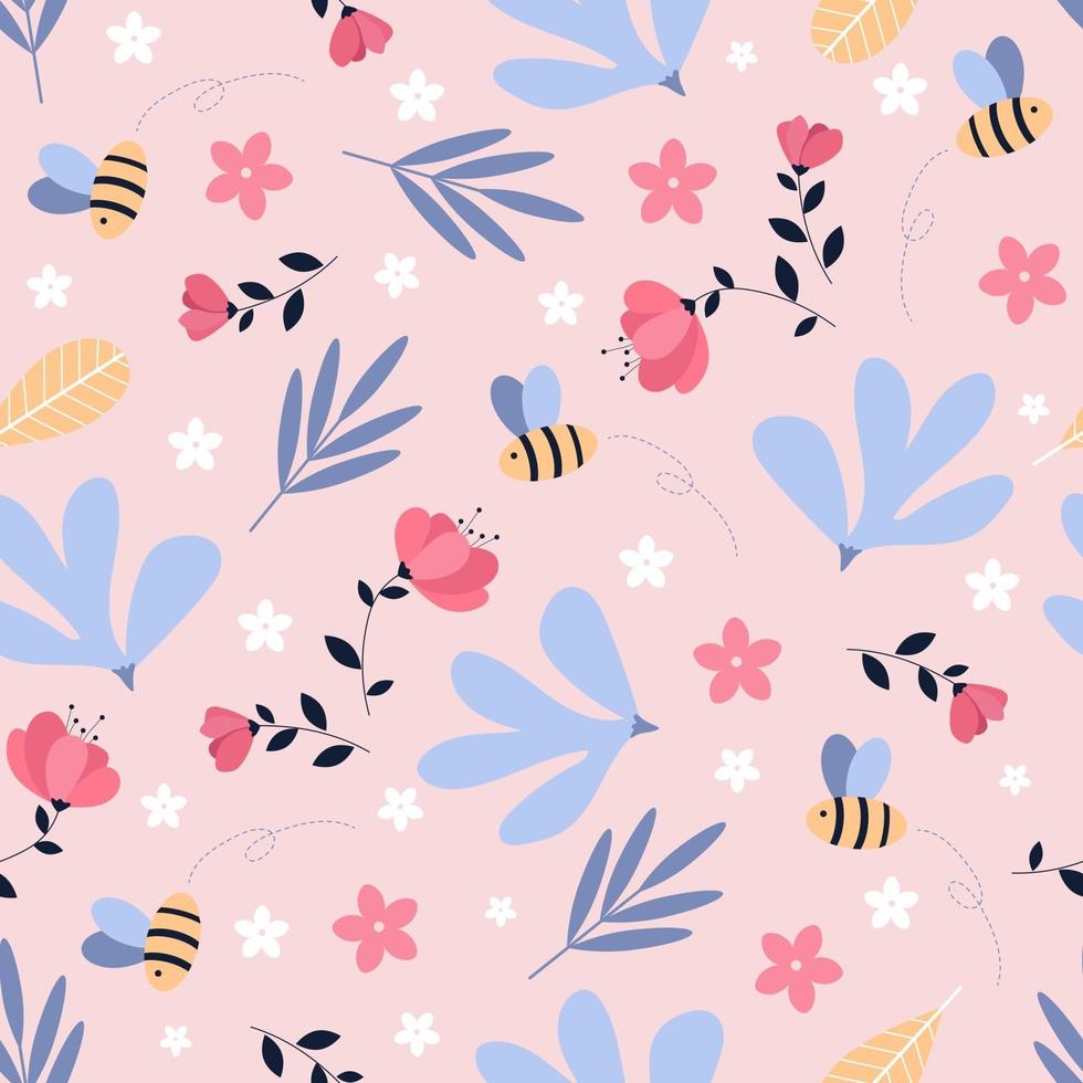 concetto di seamless pattern giardino di primavera. ape carina e motivo floreale. vettore