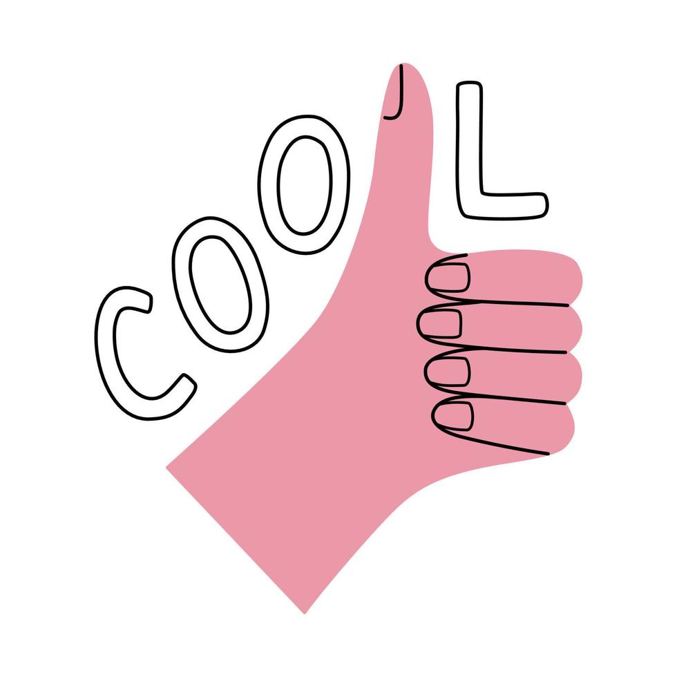 rosa gesto pollice su con freddo testo etichetta nel un' mano disegnato stile. soddisfazione e approvazione concetto vettore illustrazione