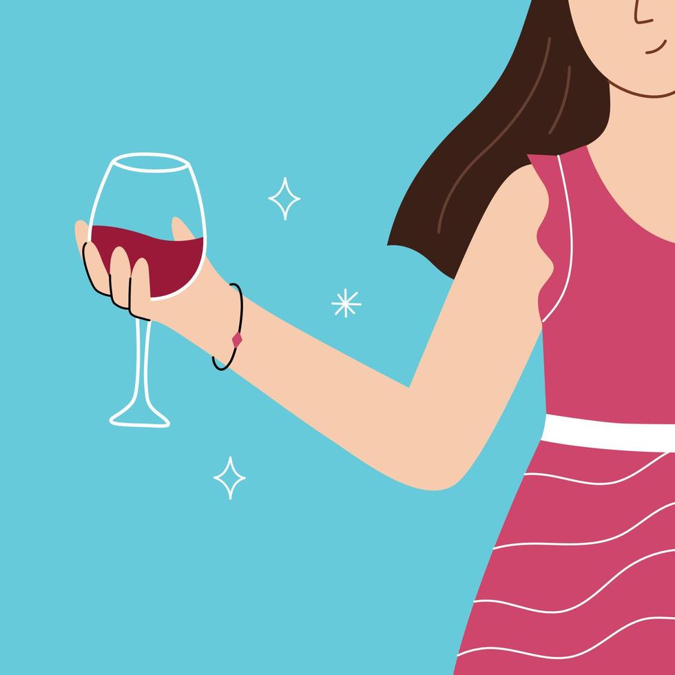 un' carino giovane donna nel un' rosso vestito è Tenere un' bicchiere di vino. vettore illustrazione con godimento di vita e femminilità concetto. pronto Stampa su un' blu sfondo