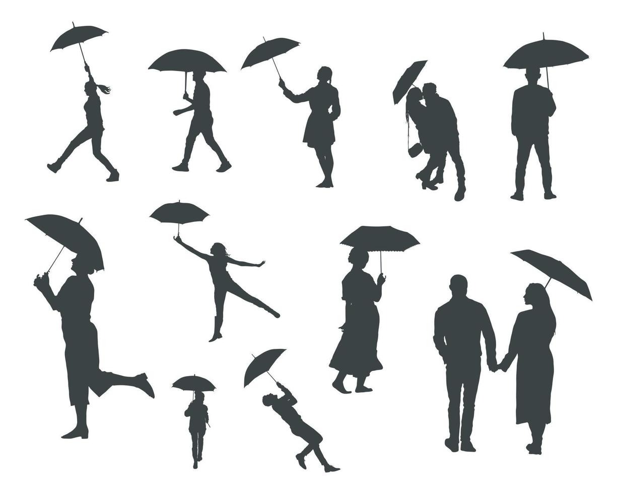 persone con ombrello sagome vettore