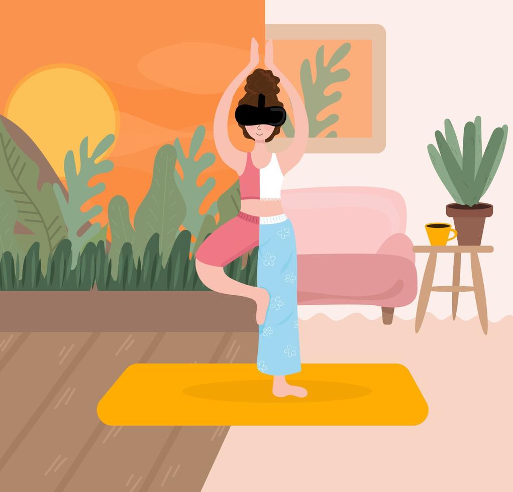 donna indossare vr bicchieri per pratiche yoga e meditazione nel natura simulazione a casa. virtuale la realtà tecnologia per mentale e fisico Salute. piatto vettore illustrazione.