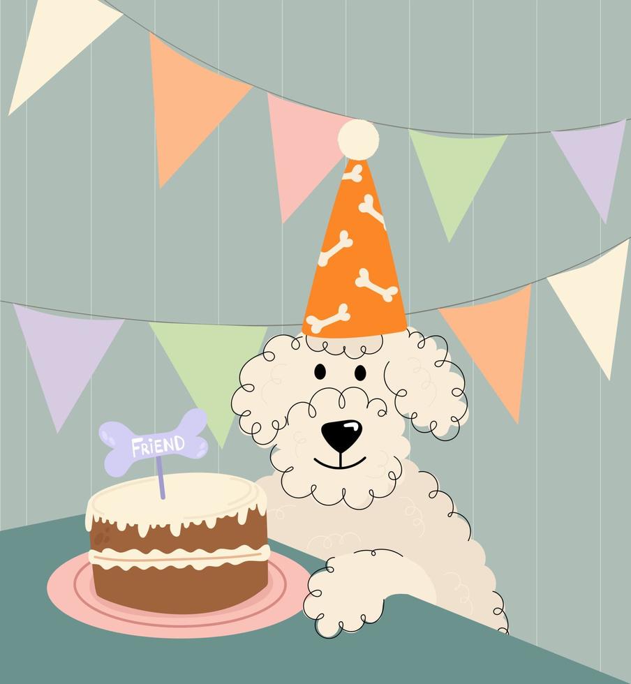 cane compleanno festa. cane celebra il suo compleanno. cane nel un' festa cappello con torta.felice compleanno mano disegnare saluto carta con cane e torta. vettore