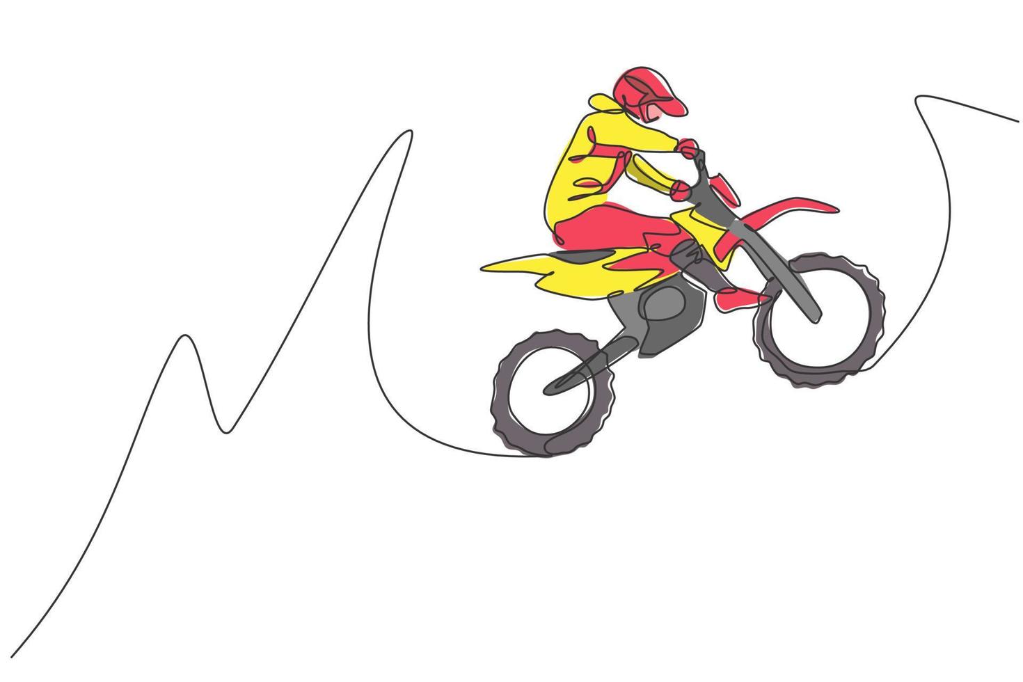 un disegno a linea continua di un giovane pilota di motocross che salta vola in alto nell'aria. concetto di sport estremo. illustrazione grafica vettoriale dinamica del disegno di una linea singola per il poster della competizione di motocross