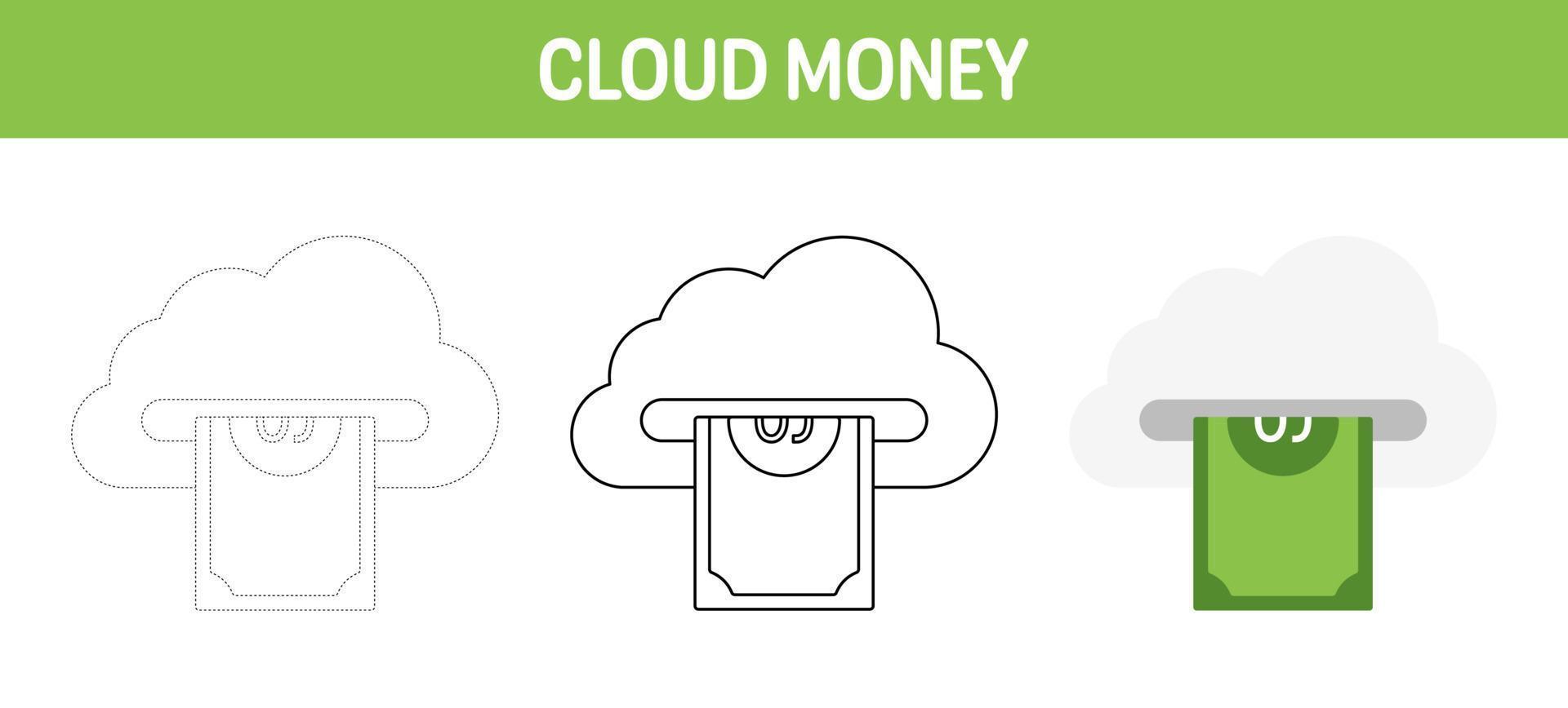 nube i soldi tracciato e colorazione foglio di lavoro per bambini vettore