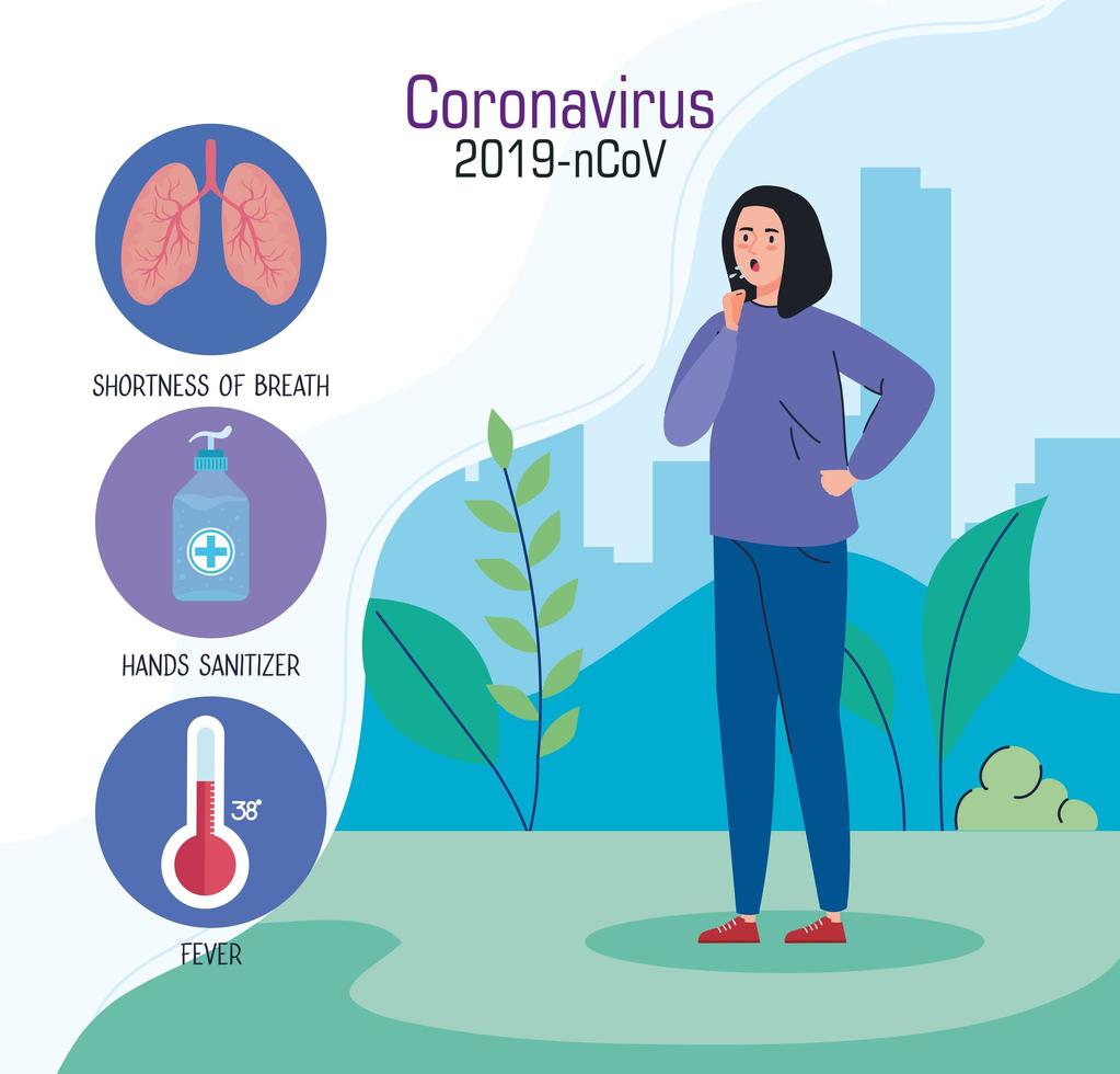 giovane donna con covid 19 sintomi infografica vettore