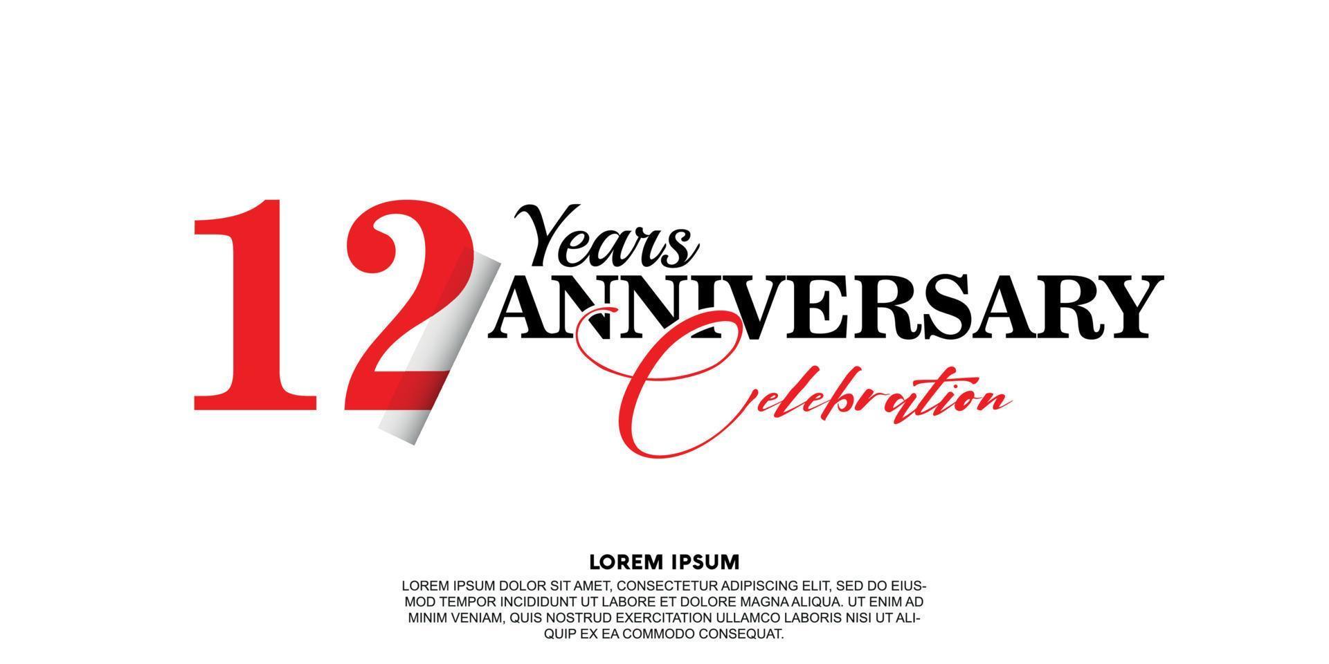 12 anno anniversario celebrazione logo vettore design con rosso e nero colore su bianca sfondo astratto