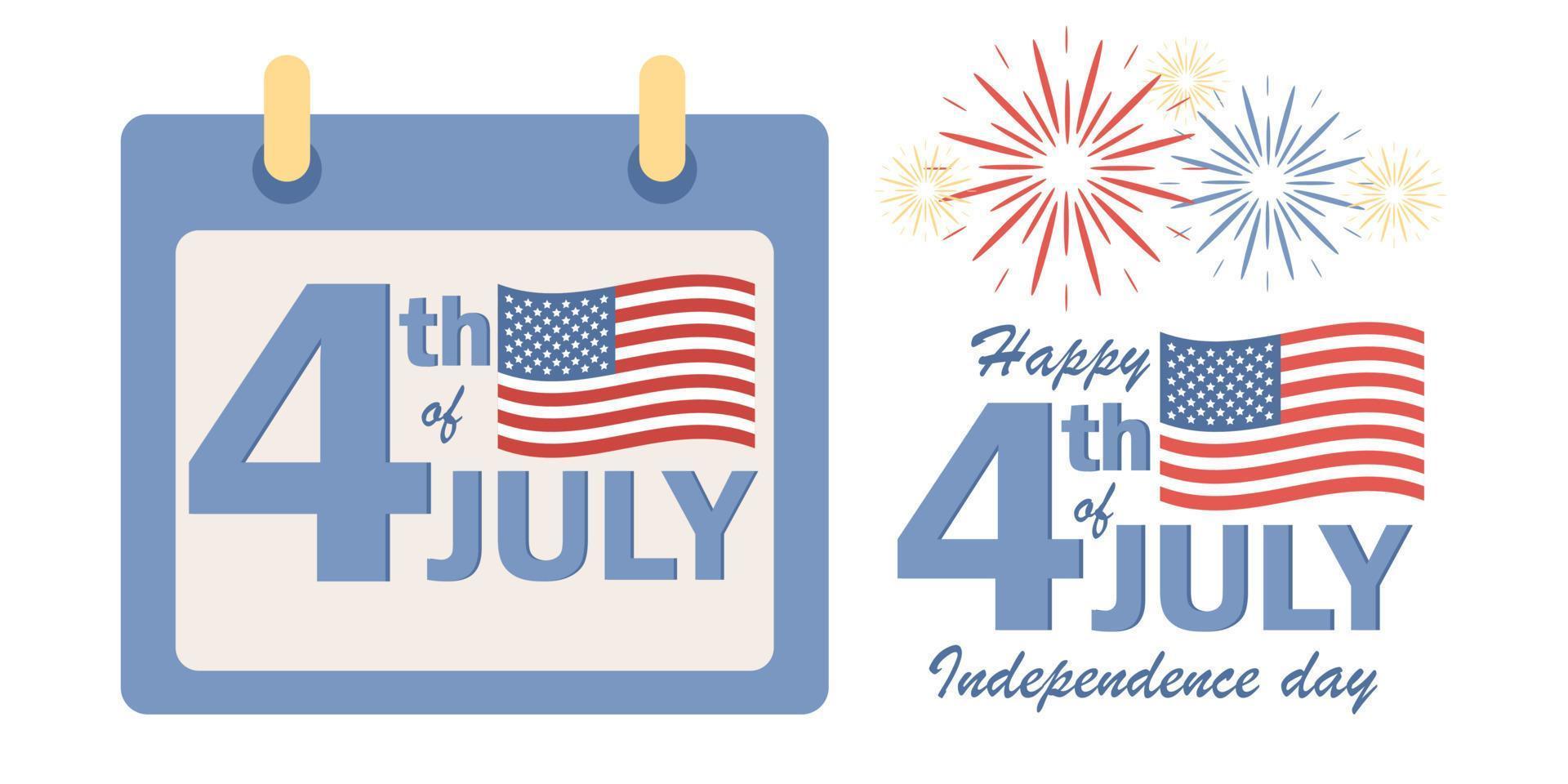 4 ° di luglio nel calendario. americano indipendenza giorno impostare. Stati Uniti d'America bandiera e fuochi d'artificio celebrazione. vettore piatto illustrazione