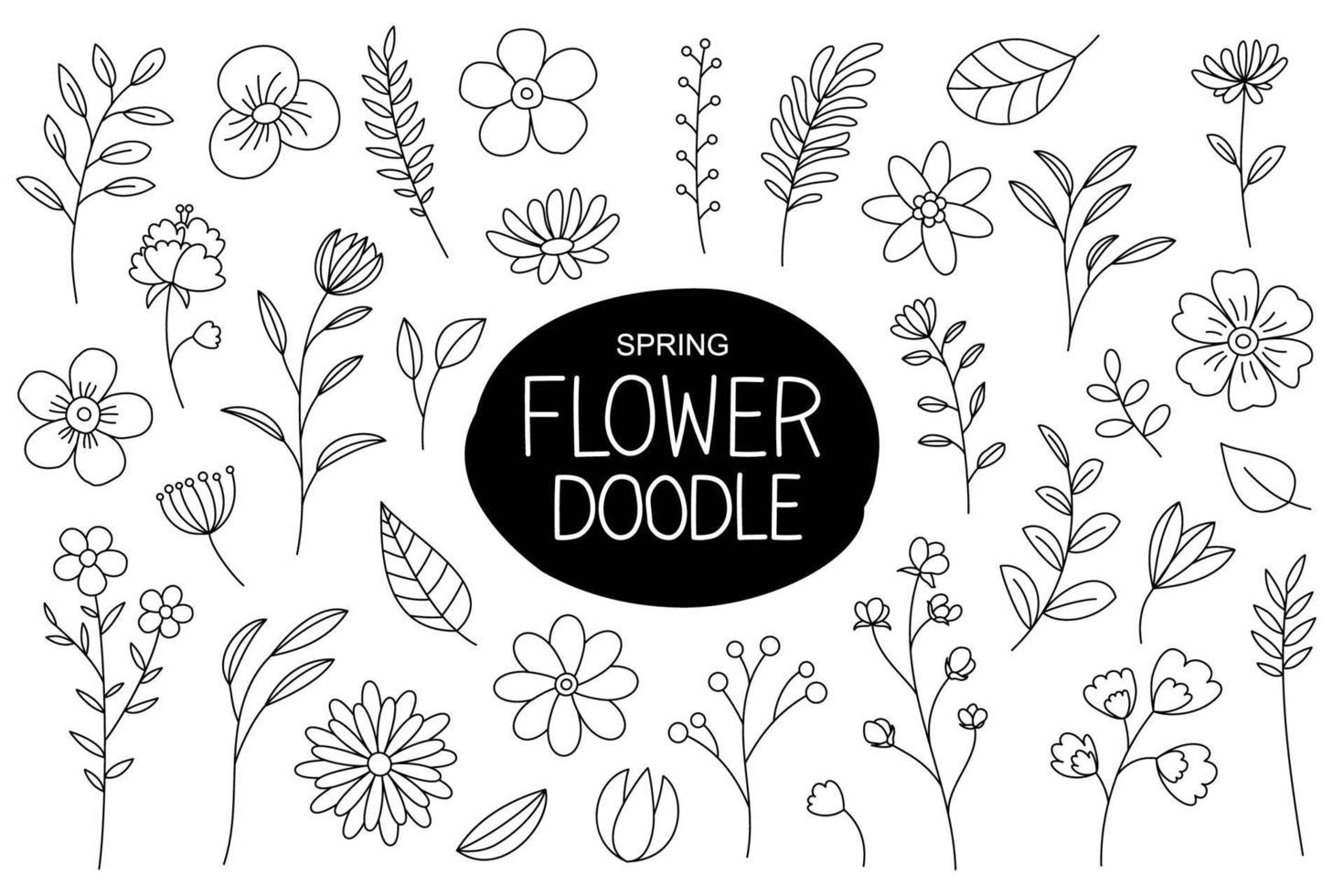 fiori di primavera doodle in stile disegnato a mano. elementi floreali e foglie con collezione di fiori primaverili. vettore