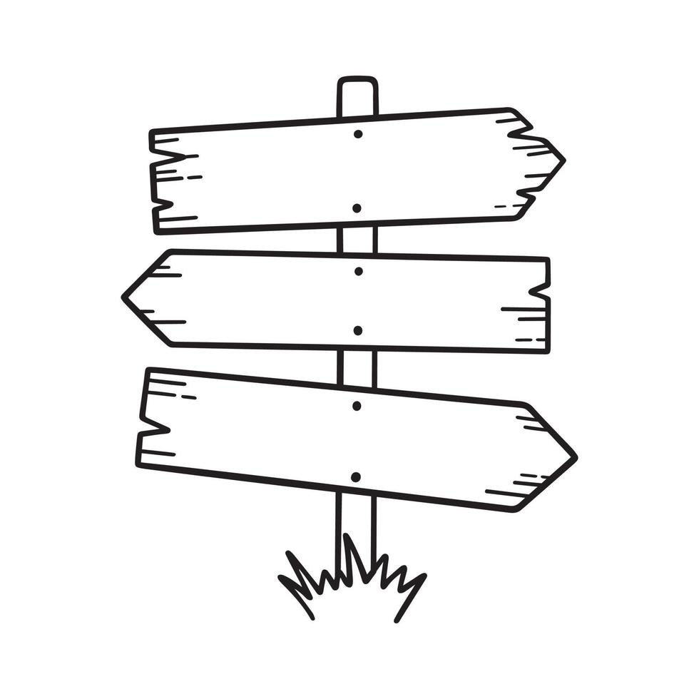 di legno strada cartello scarabocchio. di legno direzione cartello e frecce nel schizzo stile. mano disegnato vettore illustrazione isolato su bianca sfondo.