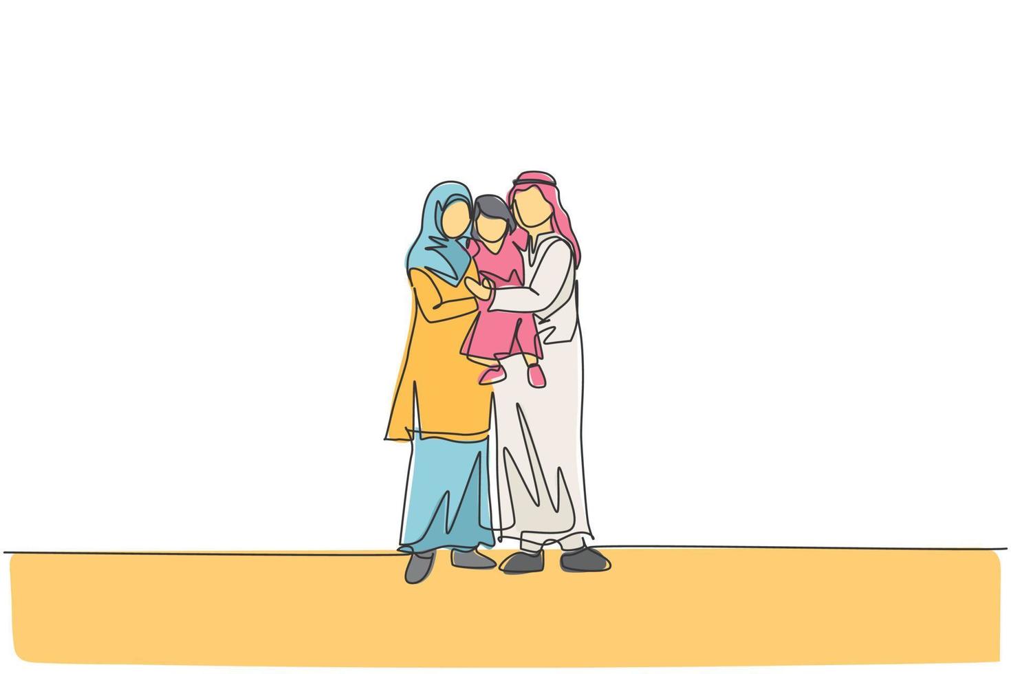 un unico disegno a tratteggio di giovane mamma e papà arabi felici che sollevano e abbracciano insieme la loro ragazza figlia illustrazione vettoriale. concetto di genitorialità famiglia felice musulmana. disegno di disegno a linea continua vettore