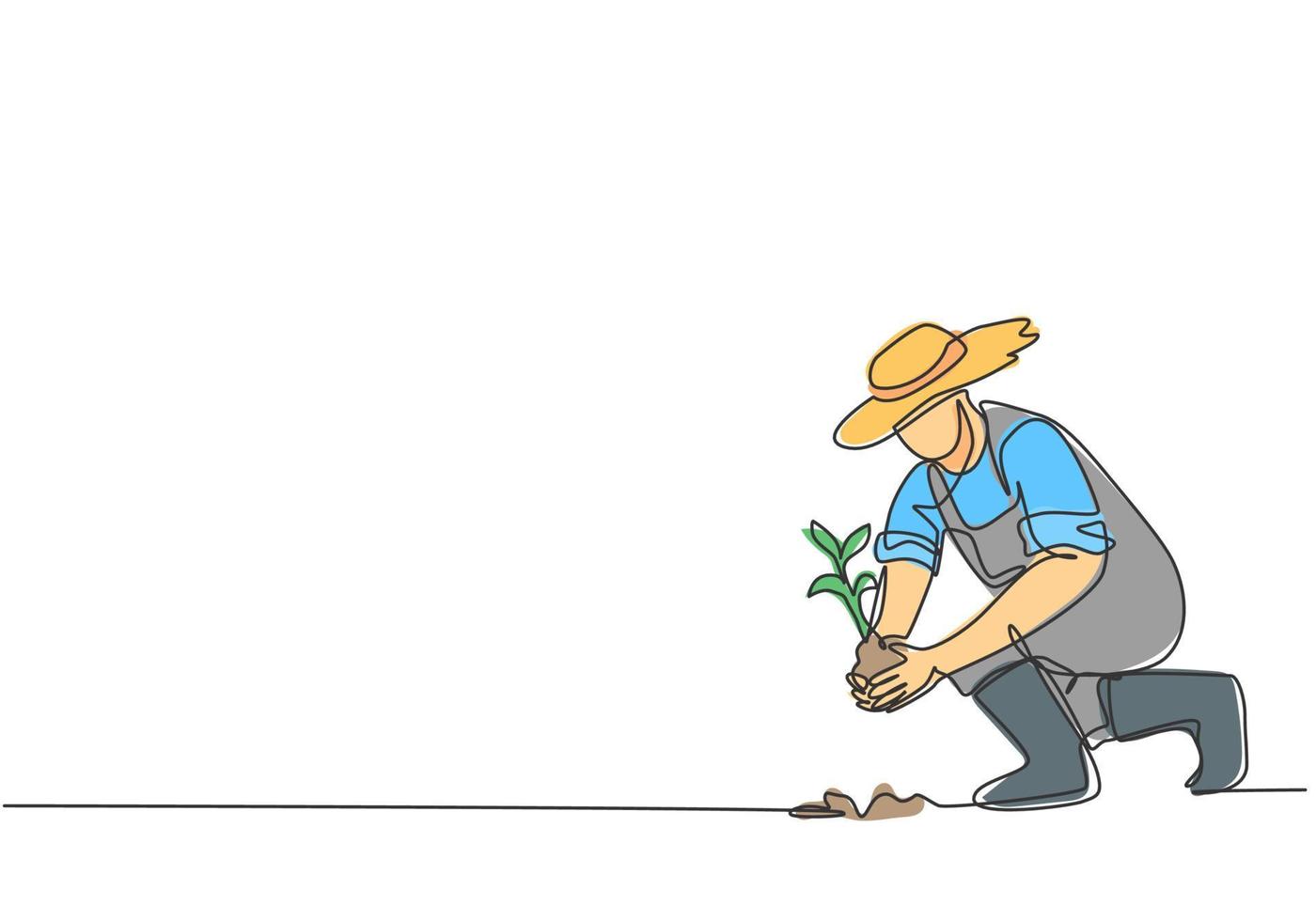 disegno a linea continua di un giovane agricoltore maschio che pianta germogli di piante nel terreno. iniziare il periodo di semina. concetto di metafora del minimalismo. illustrazione di vettore di progettazione grafica di disegno grafico di una linea dinamica.