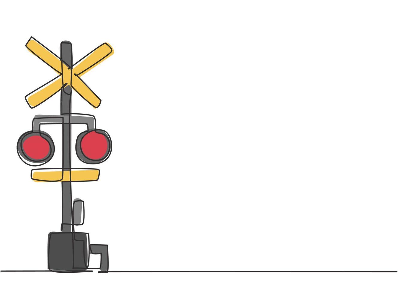 disegno a tratto unico di barriera ferroviaria con segnaletica e luci di segnalazione in posizione aperta che consente ai veicoli di attraversare le linee ferroviarie. illustrazione vettoriale grafica di disegno di disegno di linea continua moderna
