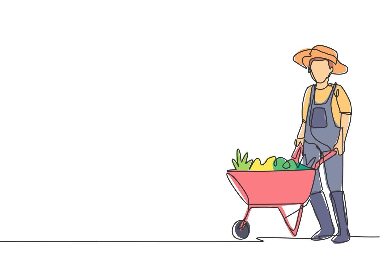 disegno di un giovane agricoltore maschio in piedi accanto al carrello della carriola pieno di frutta. concetto minimalista di sfida agricola. illustrazione vettoriale grafica di disegno di disegno di linea continua