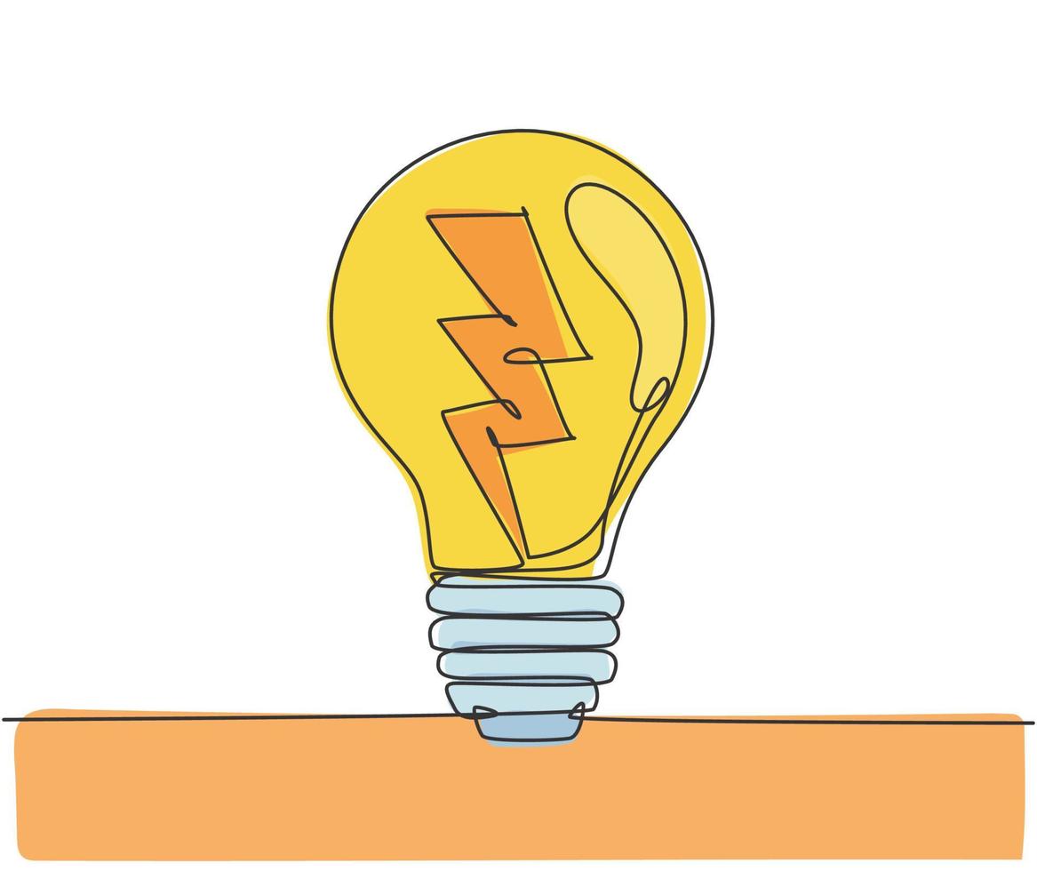 un disegno a tratteggio di una lampadina con l'identità del logo del fulmine. concetto di modello di icona logotipo di potenza energia elettricità. illustrazione vettoriale grafica di disegno di disegno di linea continua dinamica