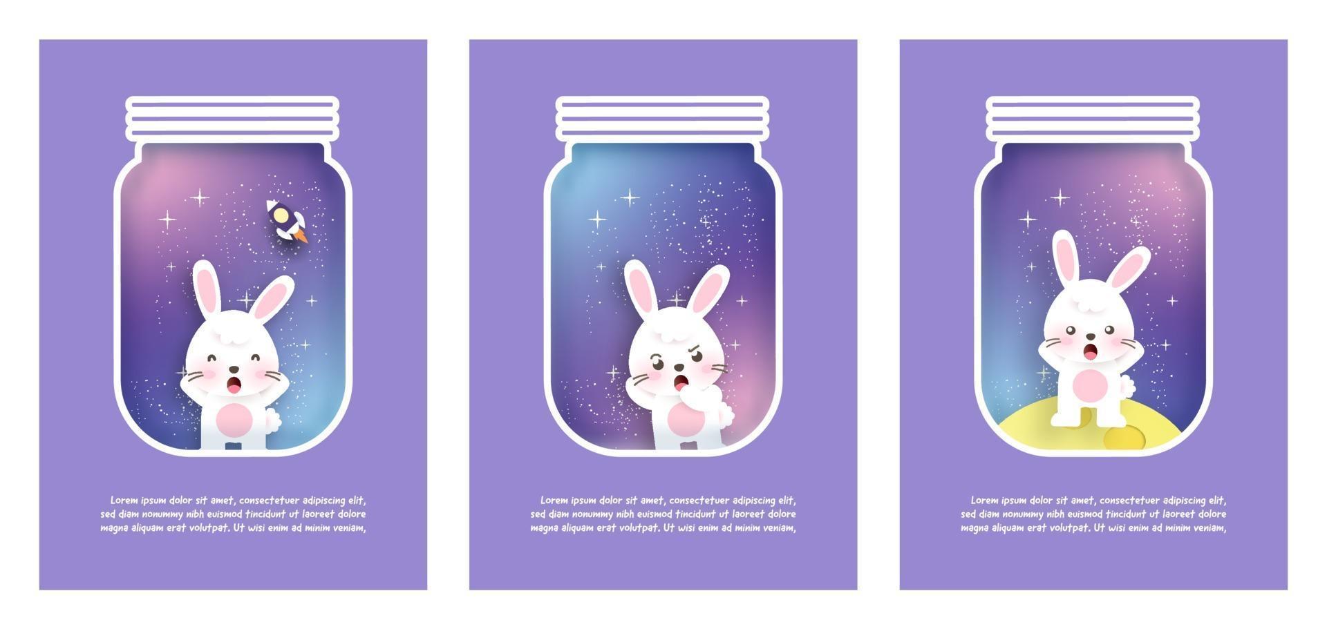 set di carte con simpatici conigli sullo sfondo della galassia. carta tagliata e stile artigianale vettore