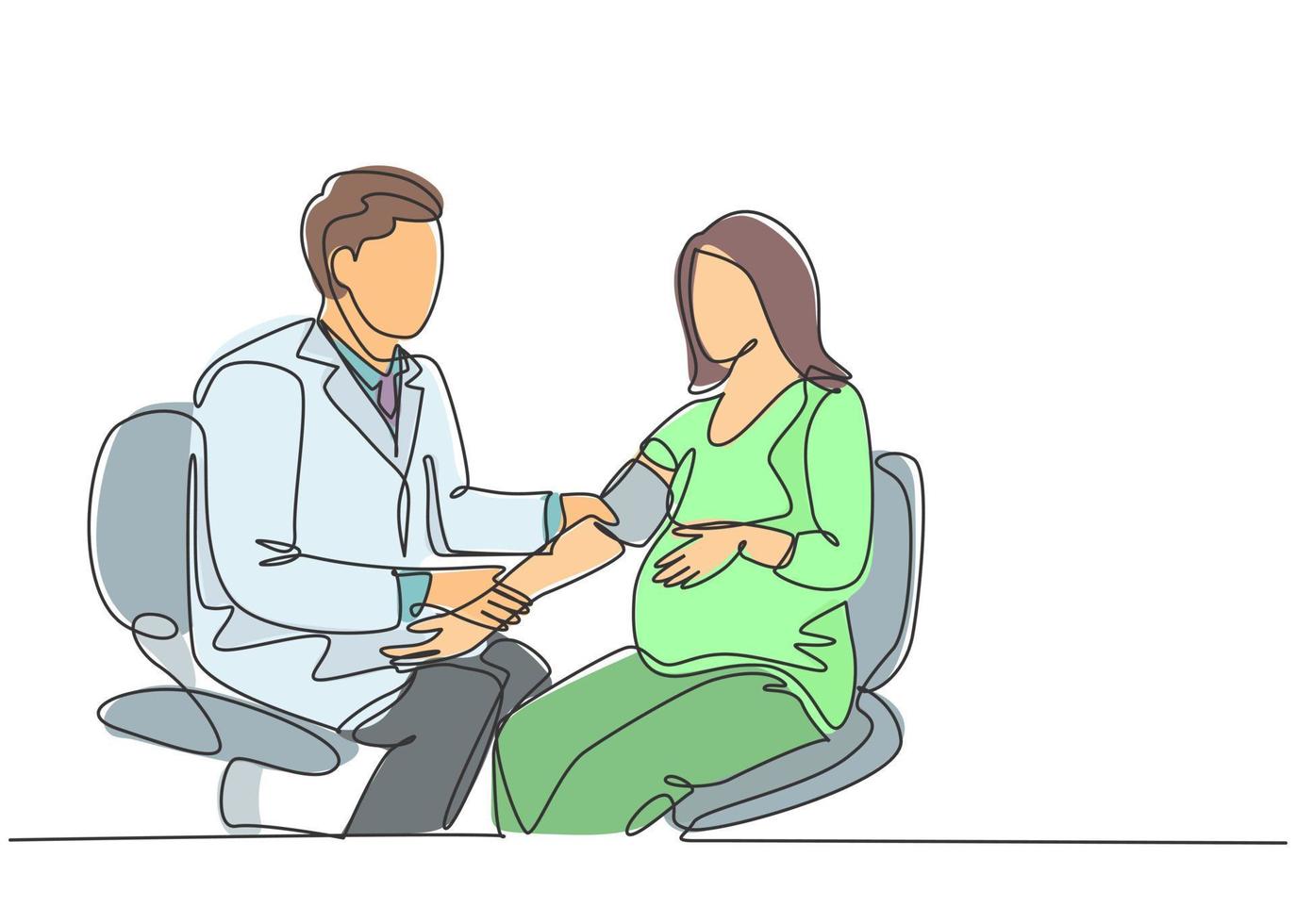 un unico disegno a tratteggio di un medico di ostetricia e ginecologia maschile che controlla la pressione sanguigna del paziente e le condizioni fetali. concetto di assistenza sanitaria in gravidanza linea continua disegnare disegno vettoriale illustrazione