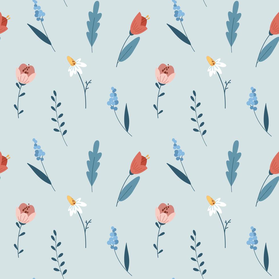 primavera giardino fiori scarabocchio senza soluzione di continuità modello con rosso tulipani, camomilla e le foglie. semplice minimalista piatto cartone animato design su leggero blu sfondo. vettore