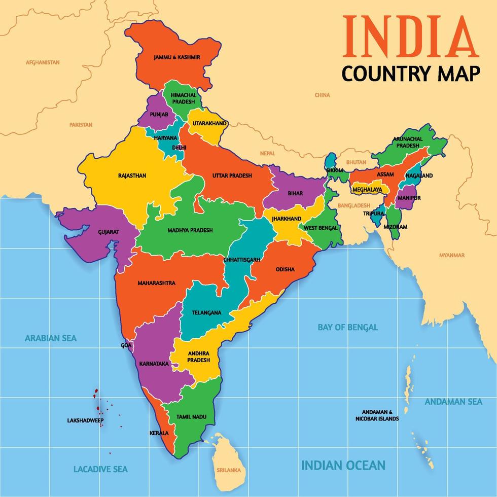 India nazione carta geografica con circostante frontiere vettore