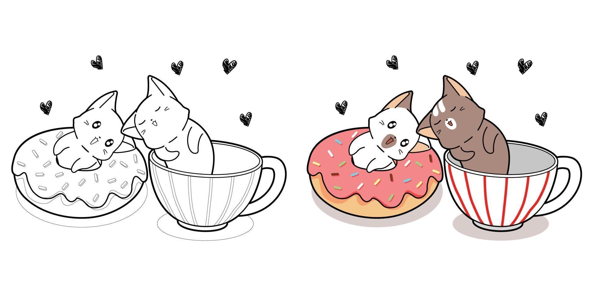 Coppia simpatico gatto con ciambella e tazza di caffè cartone animato da colorare vettore