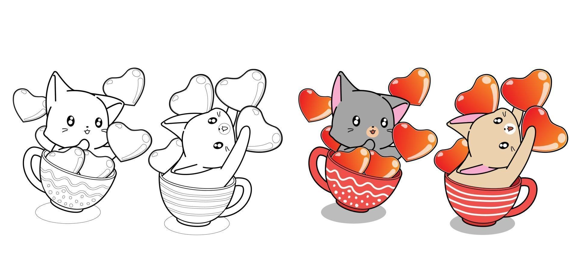 Coppia simpatico gatto in una tazza di caffè e cuori pagina da colorare dei cartoni animati vettore