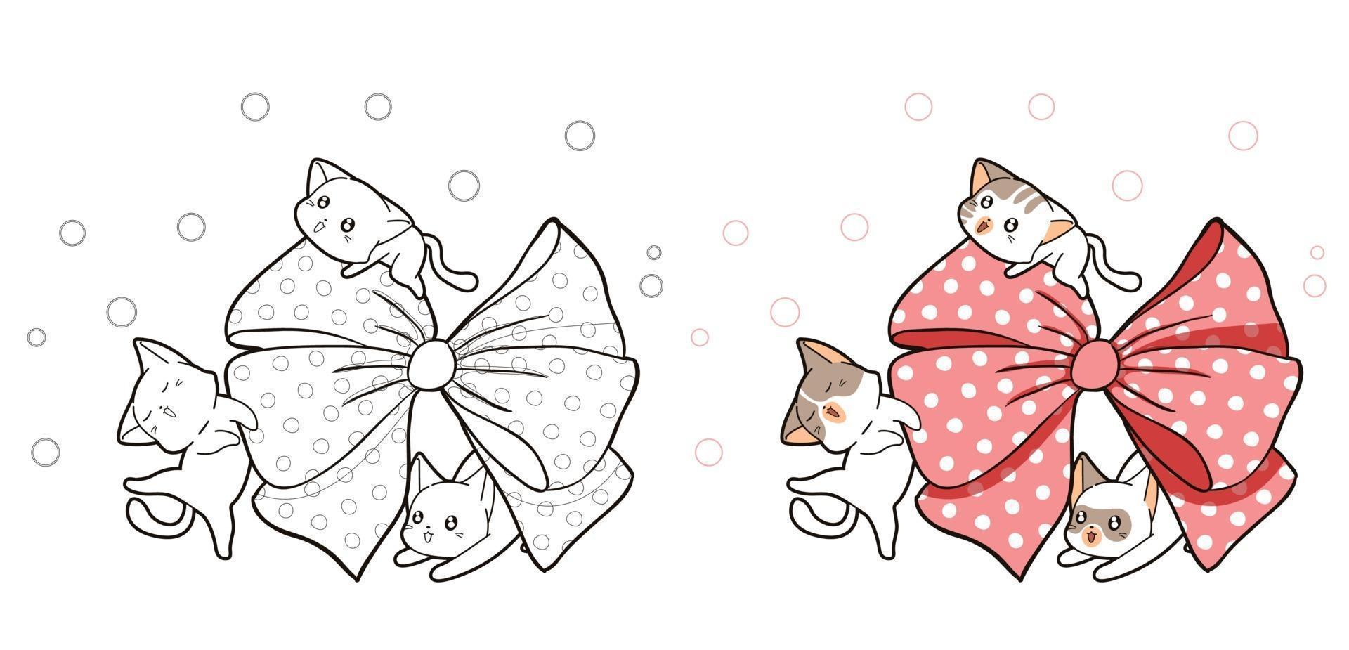 simpatici gatti e rosa grande fiocco cartone animato da colorare pagina vettore