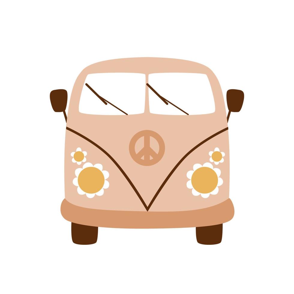 retrò 70s autobus. Groovy autobus. hippie Vintage ▾ auto un' mini furgone. pastello mano disegnato autobus con fiori energia isolato grafico elemento. impaurito anni settanta vettore illustrazione. retrò caravan. cartone animato boemo macchina.