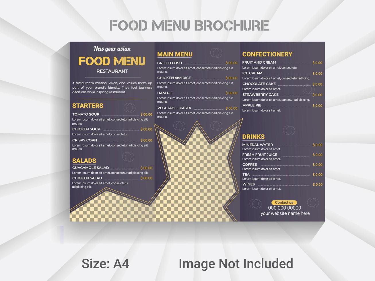 a4 dimensione trifold opuscolo nuovo anno cibo menù modello. moderno vettore ristorante menù design disposizione.