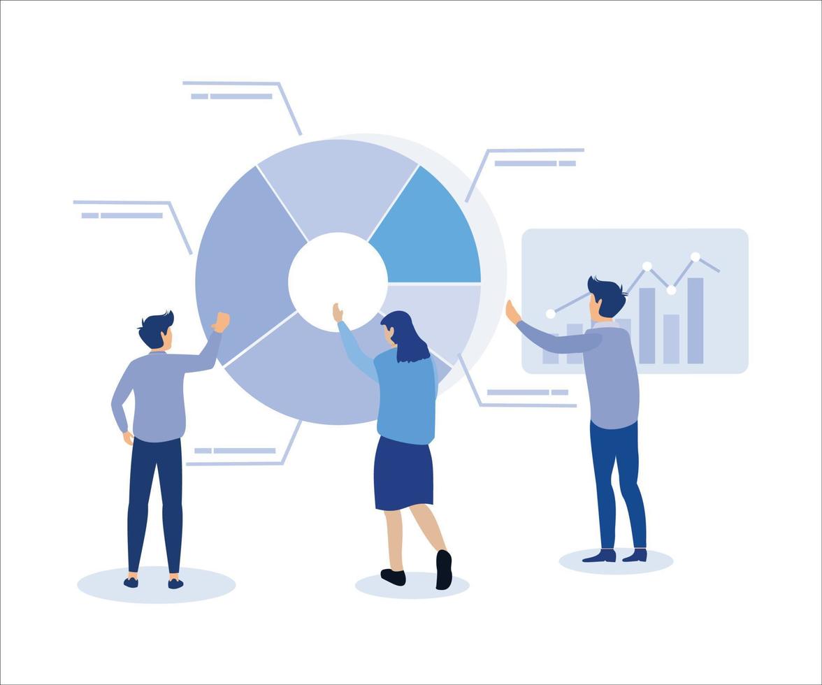 grande dati e informazione concetto, attività commerciale persone marketing squadra analizzare grafico e grafico. piatto vettore moderno illustrazione