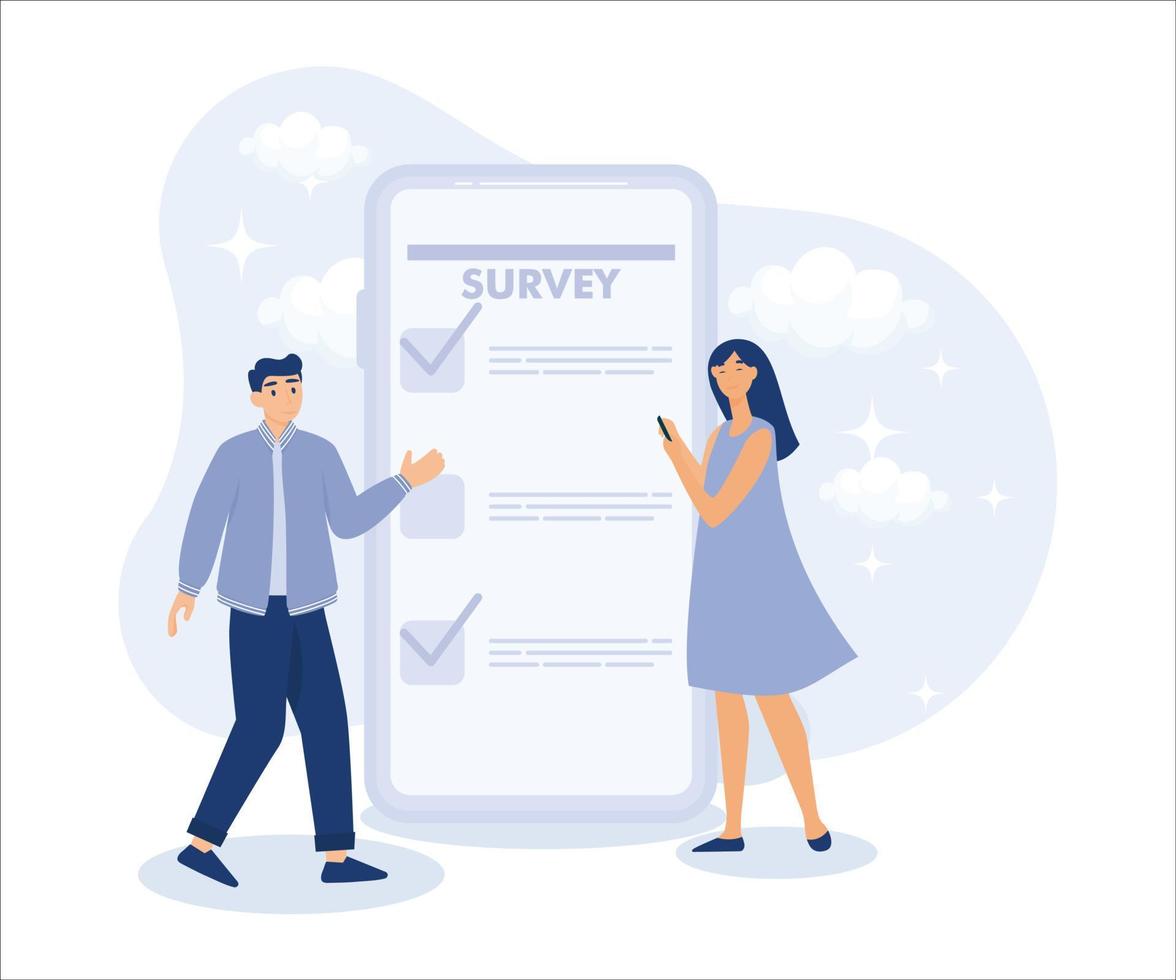opinione o cliente risposta utilizzando Internet concetto, uomo e donna utilizzando mobile o smartphone per riempire nel in linea sondaggio lista di controllo. piatto vettore moderno illustrazione