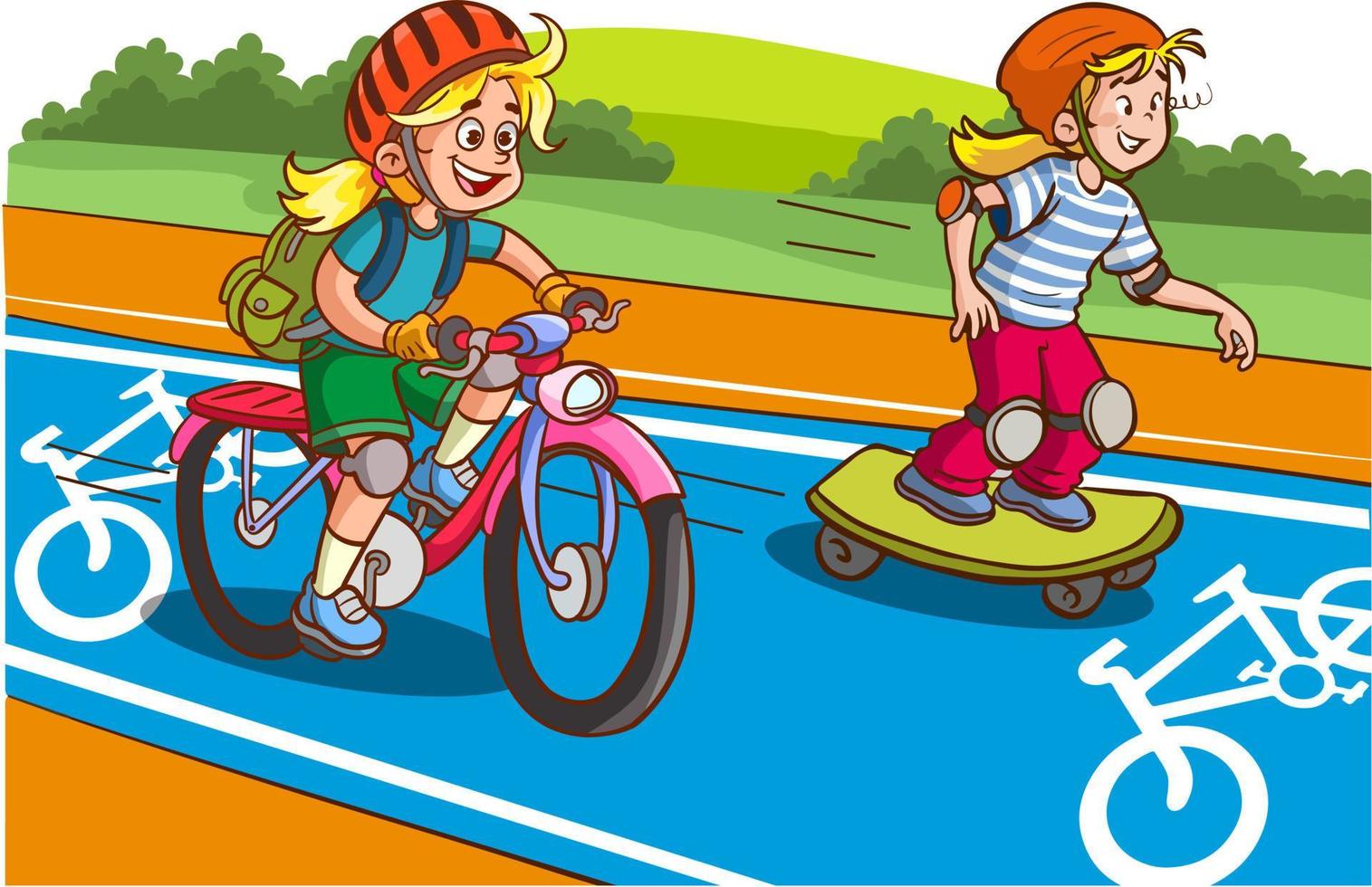 bambini Ciclismo e andare con lo skateboard il bicicletta sentiero cartone animato vettore