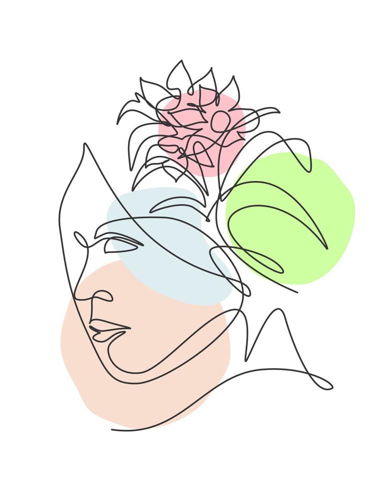 una singola linea di disegno astratto viso con fiori naturali illustrazione vettoriale. concetto di stile minimalista del ritratto della donna di bellezza per la stampa d'arte della decorazione della parete. disegno grafico moderno a linea continua vettore